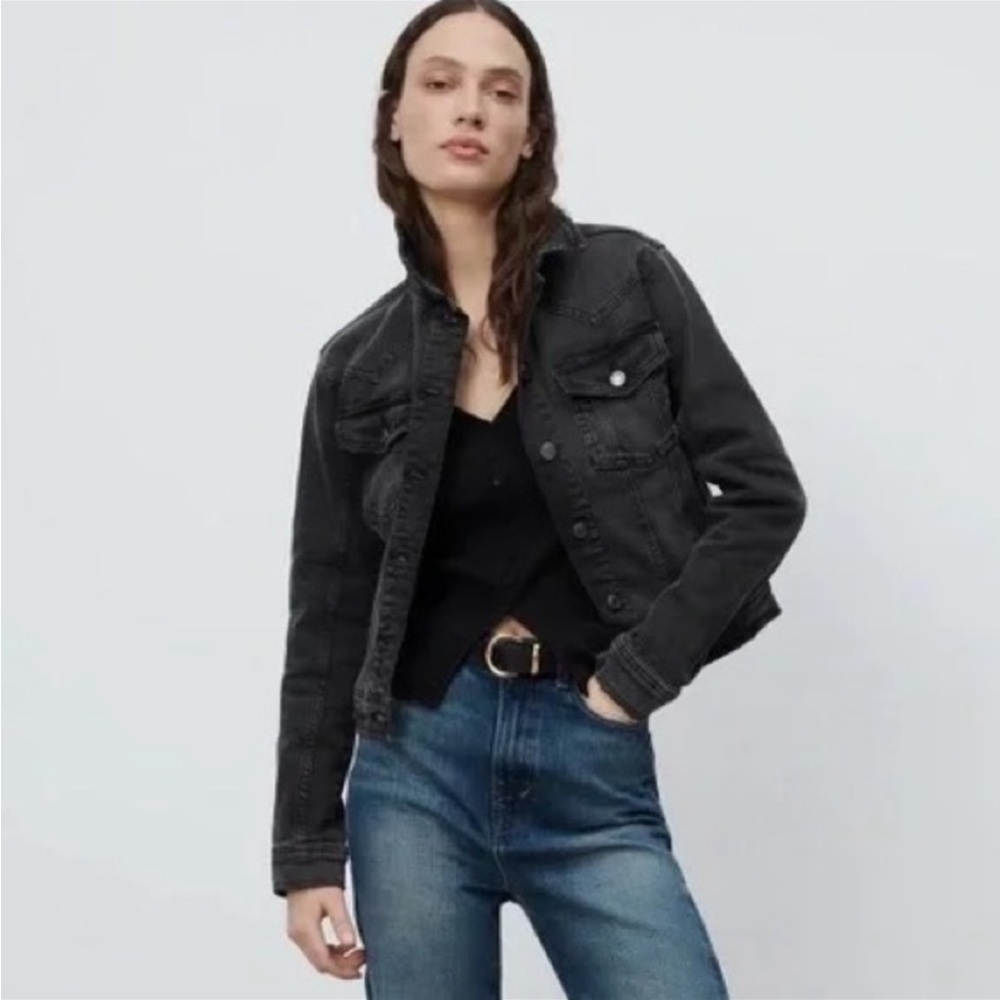 Zara Trucker Jean Jacket Washed Black Sz Small Stretch Casual Everyday Street